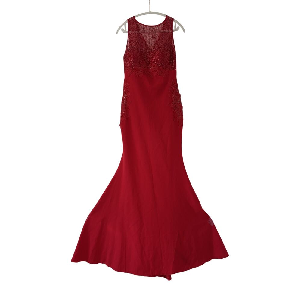 Red Sleeveless Sequin Evening Gown with Lace Detail - Picture 3 of 10